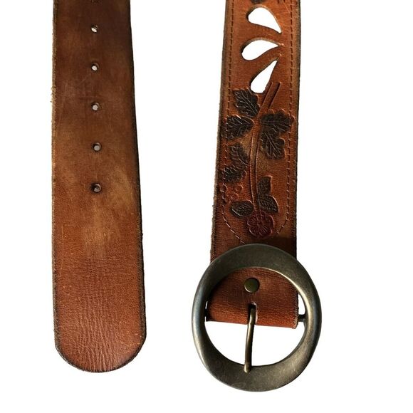 Abercrombie & Fitch Womens Western Hand Tooled Belt Medium Brown Genuine Leather - Picture 1 of 11